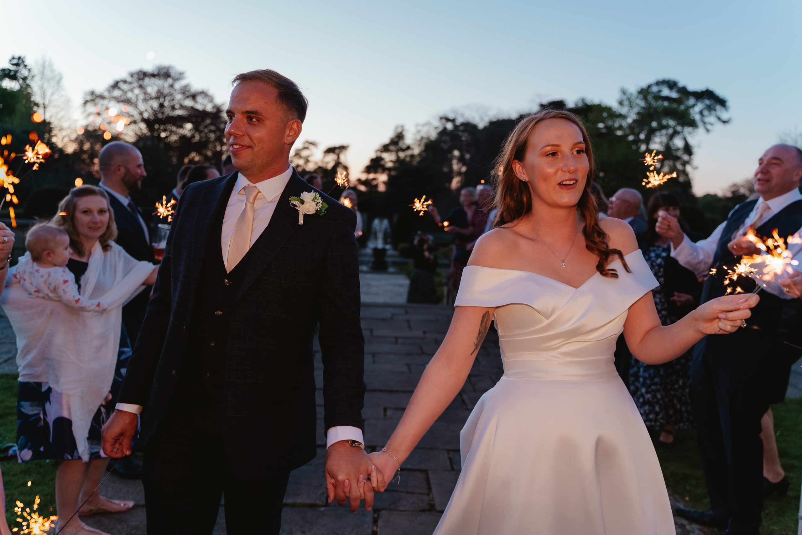 Wedding sparklers at Fanhams Hall in blue hour